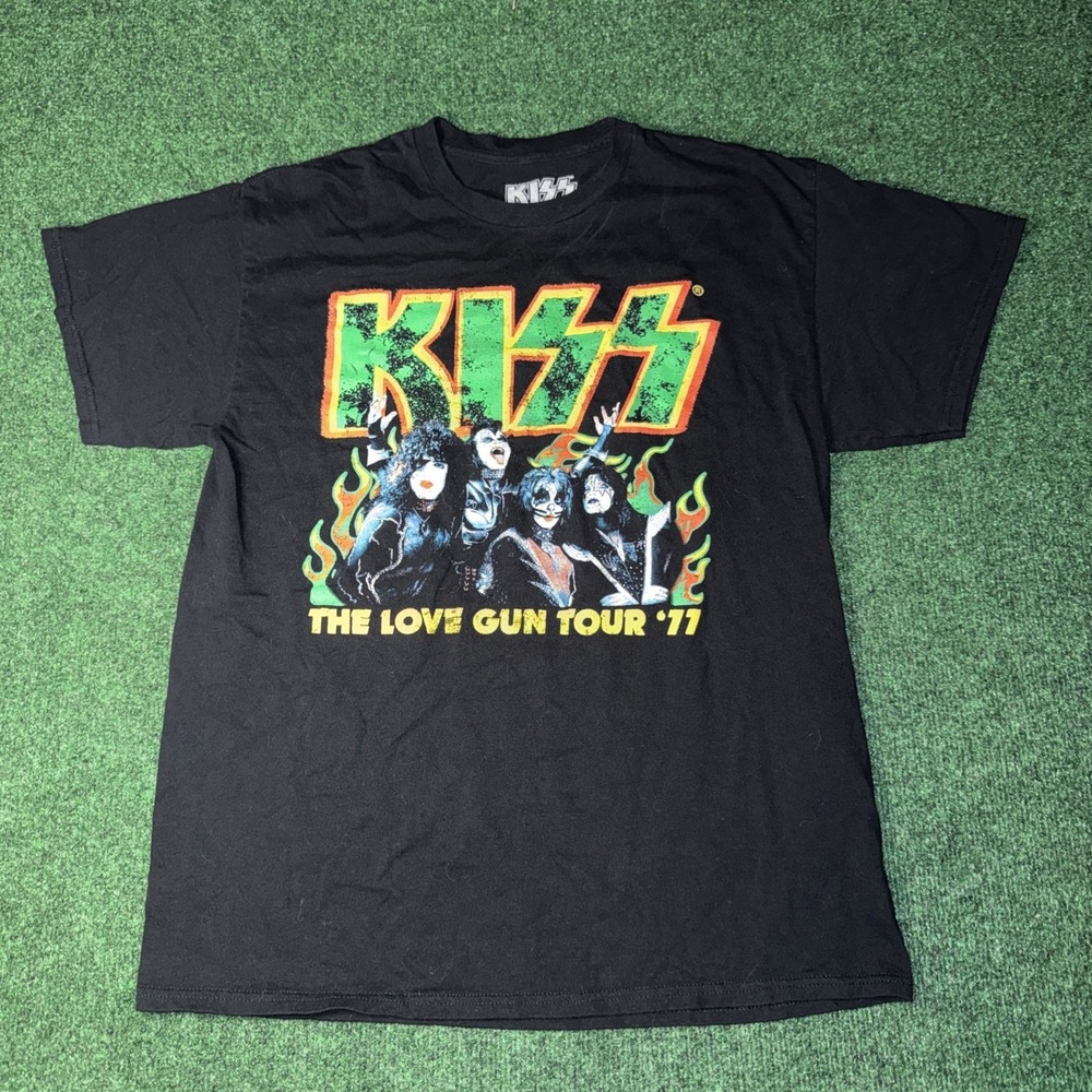 Men's Kiss The Love Of Gun Tour '77 T Shirt Black Size Large Q26